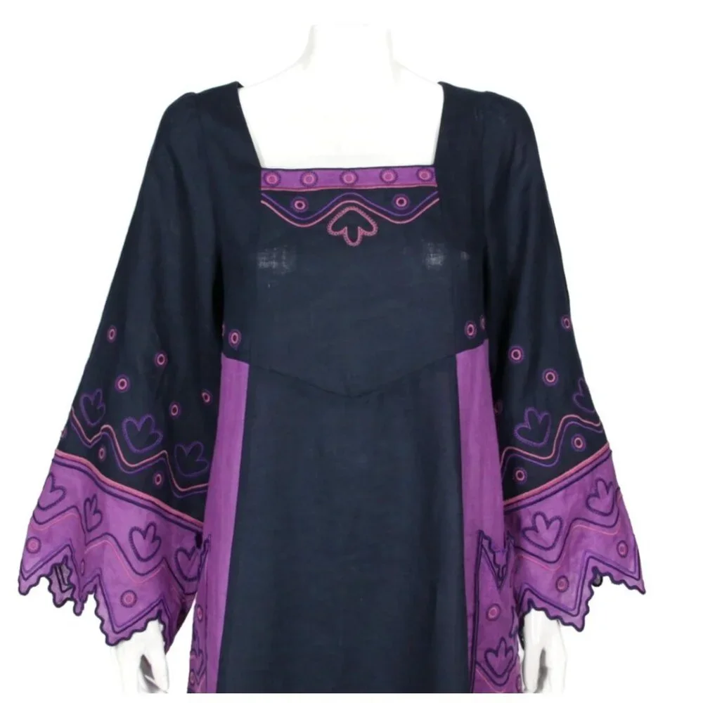 ETNODIM Embroidered Angel Sleeve Linen Navy Blue Violet Purple Maxi Dress XS 742 - Picture 6 of 7